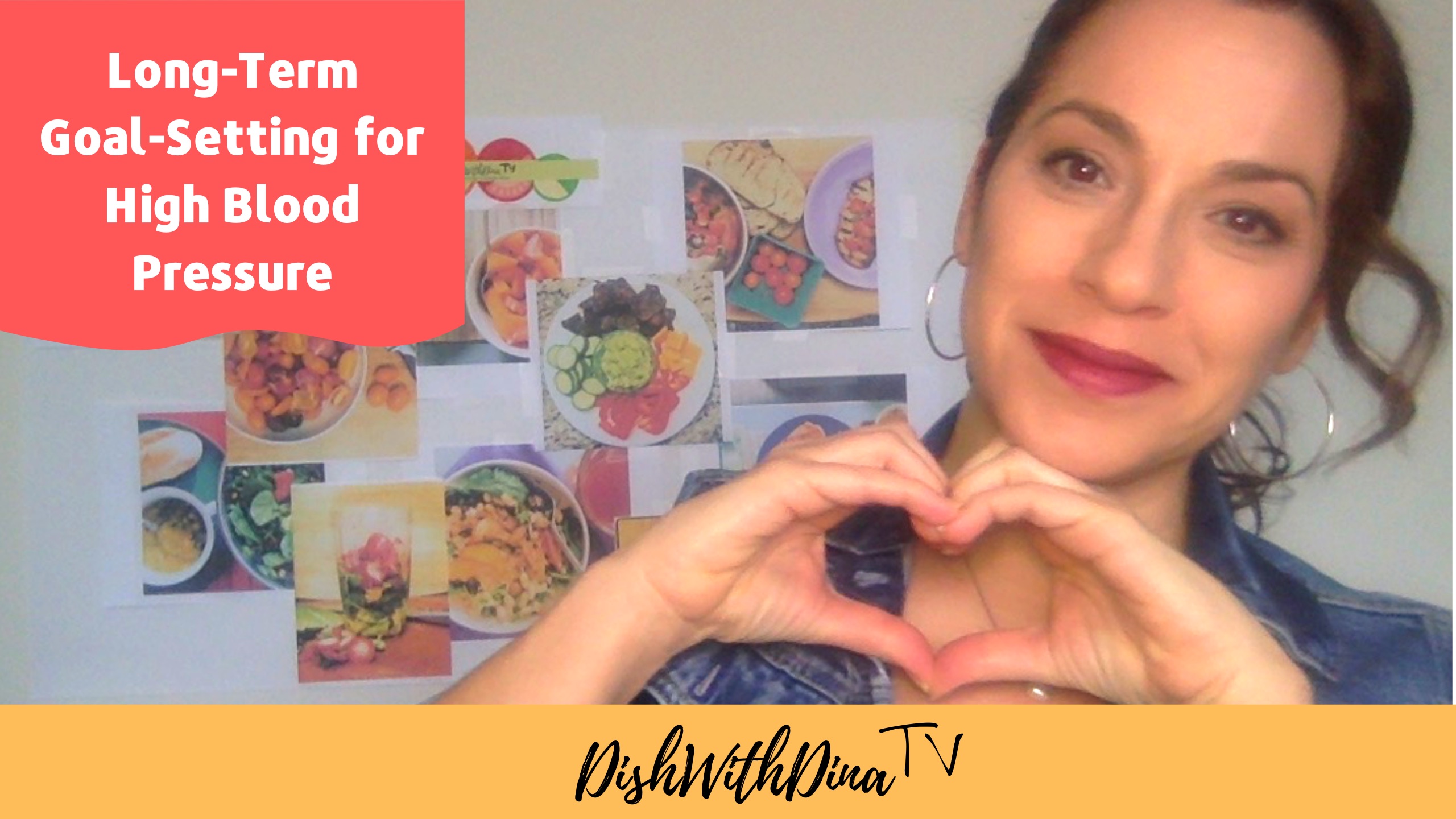 YouTube video thumbnail with video name and "DishWithDinaTV" logo. Dina with hands in heart shape against wall with photos of food.