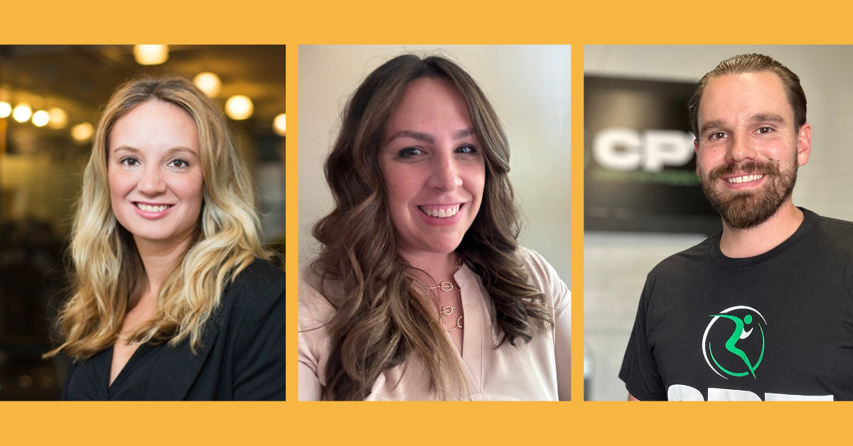 From left to right, headshots of three physical therapists: Dr. Stephanie, Dr. Jill, and Dr. Matthew